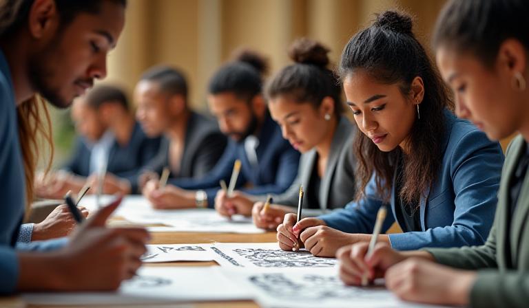 Equipo corporativo chileno participando en taller de caligrafía mindful para team building y bienestar organizacional